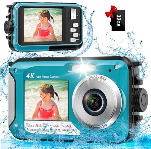 Yixinxin Underwater Digital Camera 4K 11FT Waterproof with 32GB Card 56MP Autofocus Dual-Screen Selfie for Snorkeling