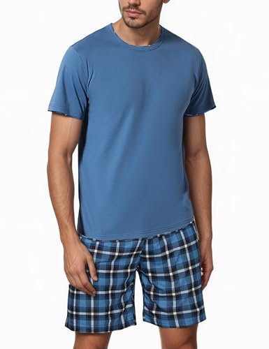 Litherday Pyjama Homme Coton Court Ensemble de Pyjama Été Manches Courtes T-Shirt + Short à Carreaux avec Poches Vêtements de Détente Deux Pièces Confortable Doux