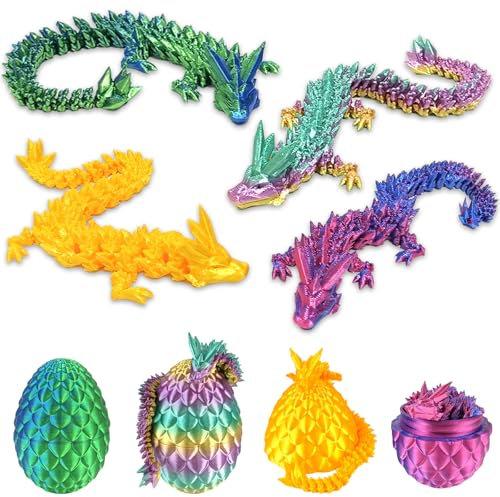 Audasi 3D Gedrucktes Drachenei mit Drache, 4Pcs Vollständig beweglicher Kristalldrache mit Osterei Drachen Spielzeug Action Figuren Überraschungsdrache Im Ei für Geschenke Beweglicher Dragon Egg