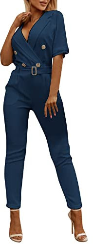 Jumpsuit Damen, Sommer Overall Elegant Hosenanzug, Lang Romper Outfit Frauen Komplett, Playsuit Einteiler Kostüm, Einfarbiges Overall Damen Festlich Hochzeit Mit Ärmeln Curvy Musselin Jumpsuit Damen