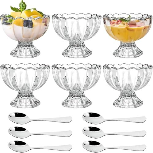 LYCN Lot de 6 coupes à glace, en verre, à dessert, avec pied, pour crème glacée, 150 ml, petits bols transparents, pour salade de fruits, milkshakes, pudding