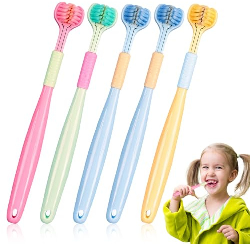 5 Stück Dreiseitige Zahnbürste Kinder,Dreiseitige Kinderzahnbürste,Weiches Dreikopfzahnbürste,Sauberes Kinder Zahnbürste,360-Grad-Mundhygiene,Gesunde Zähne
