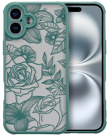 XIZYO Coque pour iPhone 16 6,1 Pouces, Mignon Mat Translucide Fleur de Rose Floral Motif Coque, Filles Femmes Luxe Souple TPU Antichoc Housse, Vert