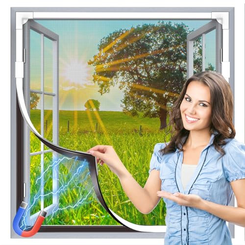 HOFUDON Adjustable Magnetic Fly Screens for Windows, Fit Up to 150x180cm, DIY Fiberglass Insect Mesh for Mosquito Net & Bug Screen, Full Frame Magnetic Strip White Frame Grey Mesh