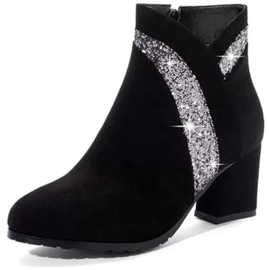 Elyffany Woman Fashion Block Chunky Heel Ankle Booties Round Toe Side Zipper Dress Boots Black