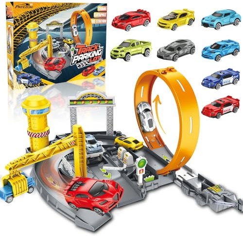 PATEMZON Autorennbahn Rennstrecke Auto Spielzeug Set, Autorennbahn für Kinder, Schleuder Schienen mit 8 Rennauto, Looping und Auto Rennbahn, City Loopingbahn Spielset für Jungen und Mädchen