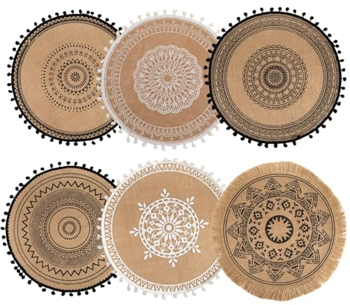 6 Stück Platzset Rund, Rund 38cm Boho Baumwolle,Jute Tischsets Mit Mandala Quaste, Platzsets Tischsets Kann als Schießrequisiten und Tischdekoration verwendet Werden(B)