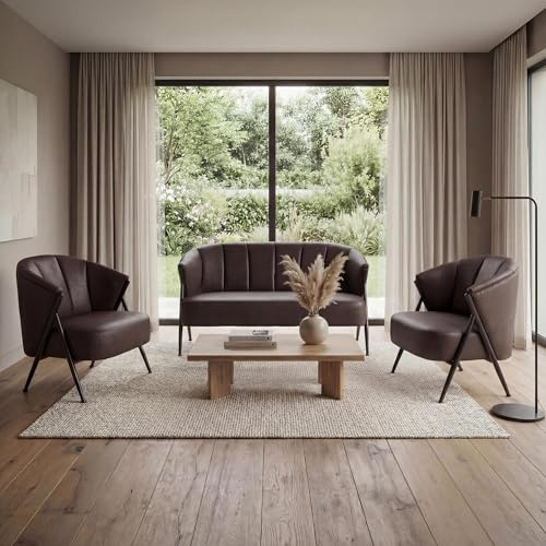 Mendler Wohnzimmer-Set HWC-P30, 2er-Sofa 2X Sessel, Vintage Retro Industrial Metall Kunstleder - Dunkelbraun
