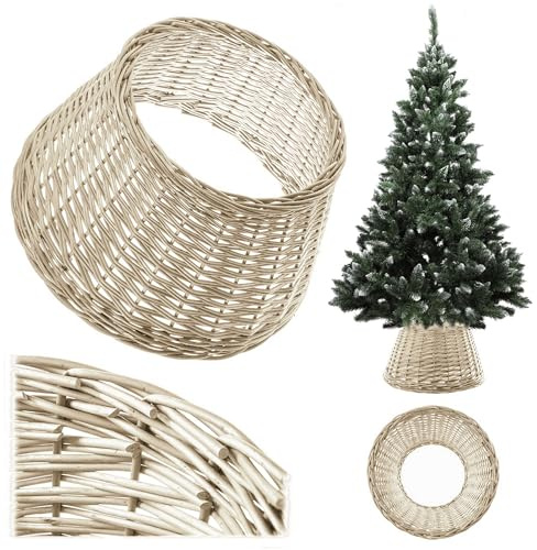 KADAX Copertura per base dell'albero di Natale Ø 46,5 cm in bianco – Gonna per albero fatta a mano in vimini naturale intrecciato, anello decorativo per albero di Natale e coprivaso per contenitori di