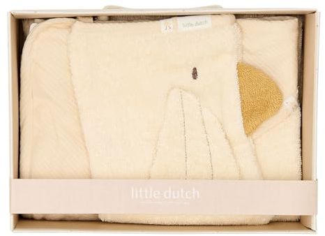 Little Dutch Geschenkset Baby 2-teilig (Kapuzenhandtuch und Waschlappen) ideal zur Geburt - Little Goose - Newborn Naturals beige