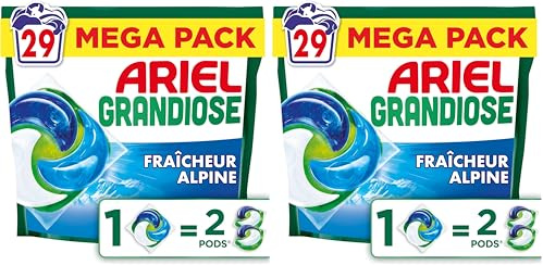 Ariel Pods Grandiose Alpine, Lessive en Capsules, 29 Lavages, 2X Action Détachante et Anti-Odeur Sur Les Tâches Tenaces, Dissolution Rapide Même à Froid, Fabriqué en France (Lot de 2)