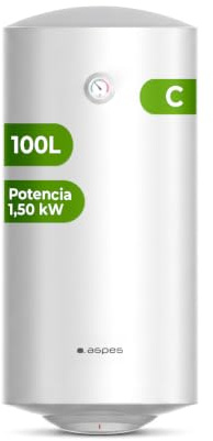 Aspes Termo Eléctrico 100 Litros, AT10001. 1500W, Kit de Montaje Incluido, Resistencia Acero Esmaltado, Termostato Manual, Temperatura Máx 70 º, Blanco, Eficiencia Energética Clase C