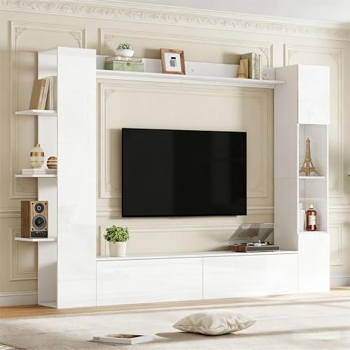 staronce Mobile basso per TV, 228 x 30 x 170 cm, bianco, set compatto con vetrina e ripiani aperti, tavolino per TV lucido, molto capiente, per soggiorno