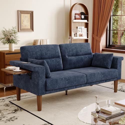 Vipbear Sofa 3 Sitzer Klein,174 cm, Blau Chenille-Stoff Sofas mit 2 Kissen, Modernes Couch mit Wide Armlehnen und Klapptisch, Extra Tiefe Sitze, Gästesofa für Wohnzimmer, Apartment, Büro