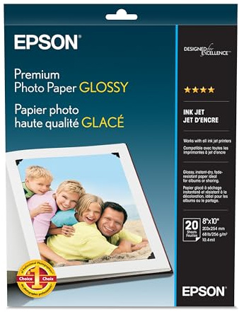 Epson Premium Photo Paper Glossy (8x10 Inches, 20 Sheets) (S041465) | High-gloss, heavyweight paper creates durable, smudge- and water-resistant photos for albums and frames