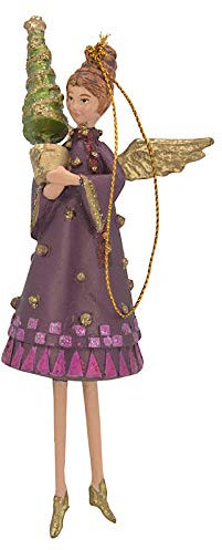 crafts & design Engel mit Weihnachtsbäumchen, Deko Hänger mit Verzierungen, Christbaumschmuck, violett/Gold, 14 cm