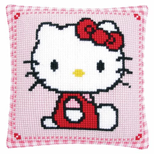 Vervaco Kreuzstichkissen Hello Kitty Kreuzstickpackung vorgedruckt, Stramin, weiß, 40 x 40 x 0,3 cm