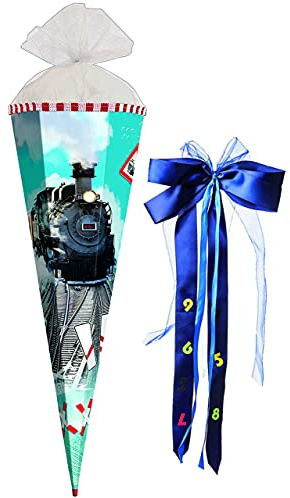 Schultüte - Eisenbahn - Lokomotive - 50 cm - rund - incl. große Schleife - mit Tüllabschluß - Zuckertüte Roth - mit/ohne Kunststoff Spitze - für Jungen ..