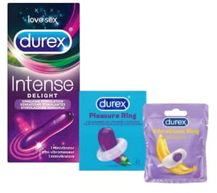 Durex Intense Orgasmic Sexspielzeug Ausprobierset mit verschiedenen 3 Artikeln für Sie und Ihn (Delight Vibrator, Intense Vibrations Stimulationsring, Durex Pleasure Ring) 3er Pack (3 Toys)