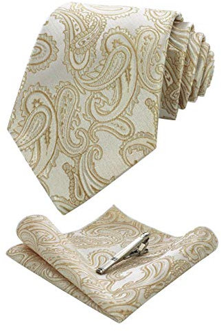 JEMYGINS Cravate Homme Doré en Soie Paisley Mariage et Pinces à cravate et Carre de poche Ensemble Compris boîte(3)