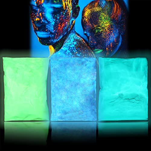 Fluoreszierender Pulver, 3x100g Professionelle Leuchtpigmente, Selbstleuchtend, phosphoreszierend ungiftig, Neon Lichter, Dunkle Pigmente für Weihnachts und Halloweende Koration Grün Blau Cyan(3pcs)