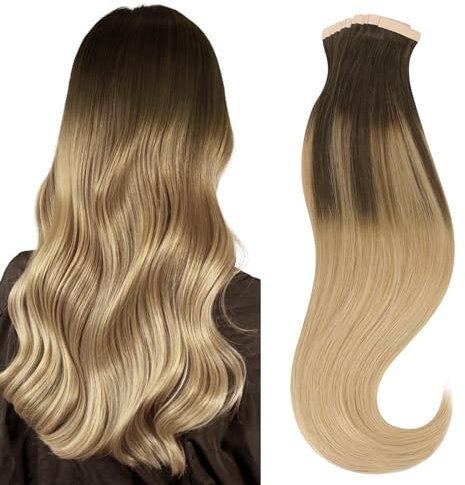 hotbanana Tape in Extensions Echthaar, 35cm Tape Extensions Echthaar 14 Zoll 20 Stück 50g Balayage Schokoladenbraun bis Dirty Blonde Echthaar Extensions Tape Gerade Remy Echthaar Tape Extensions