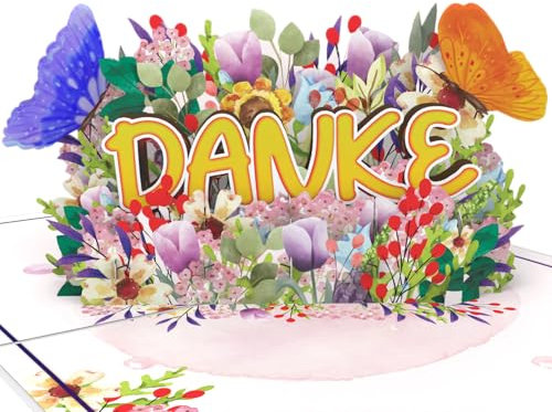 LIMAH® Pop-Up 3D Grußkarte/PopUp 3D Dankeskarte zum Geburtstag, Muttertag, Valentinstag, Hochzeitstag/Blumen Danke Schmetterlinge Motiv/in Gold Weiss Grün mit Glitzer