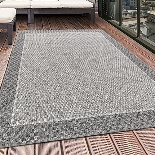 HomebyHome In- & Outdoor Teppich Läufer 60x100 cm, Wetterfest & Robust, Modernes Bordüren-Design in Grau & Creme, Rechteckig für Terrasse, Balkon, Küche, Bad & Wohnzimmer