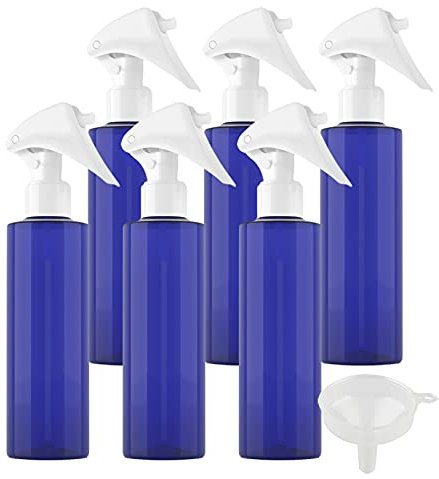 ZEOABSY Pack of 6 Empty 250ml Blue Refillable Spray Bottles, 150 ml Plastic Misting Bottles Trigger Sprayer for Cleaning, Gardening, Travel Beauty, Barber Shop Essential + 1 x Funnel