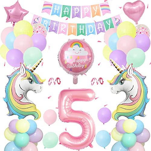 Einhorn Geburtstagsdeko 5 Jahre,Rosa Deko Kindergeburtstag Set Pastell mit Große Zahl 5 Folienballon,2 Riesige Einhorn Luftballons,Happy Birthday Banner für Mädchen Geburtstags Dekoration