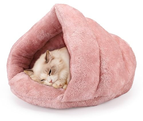 ALLSOPETS Hundebett Katzenhöhle Gemütliches Zelt für Katzen Kleine Hunde und Welpen Dreieckiges Haustierbett mit Rutschfester Unterseite für Komfortablen Schlaf (Kirschrosa, L)