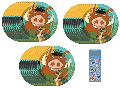 Unique El paquete de suministros de fiesta de cumpleaños de Lion King incluye 24 platos de papel para pastel de postre y 1 hoja de calcomanías de dinosaurio