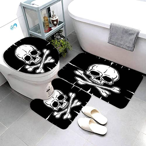AOLIGL Badematte Skelett Totenkopf Badematten Set rutschfest Waschbar Badgarnitur 3teilig - WC Deckelbezug U-förmigen Contour Badezimmerteppich Matte Flauschige