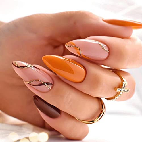 JUSTOTRY 24 Pièces Glitter Swirl Stiletto Faux Ongles Court,Orange French Press on Nails Courts,Pretty Amande Faux Ongle avec Colle Pour Femme et Fille,Moyen Faux Ongles à Coller Nail Art