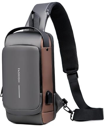 HAN-LBG Umhängetaschen für Männer und Frauen, wasserdichte Brusttasche mit USB-Ladeanschluss Anti-Diebstahl-Schloss Crossbody-Rucksack Flex-Schultertasche für Wandern Radfahren Reisen (Grau-Gold)