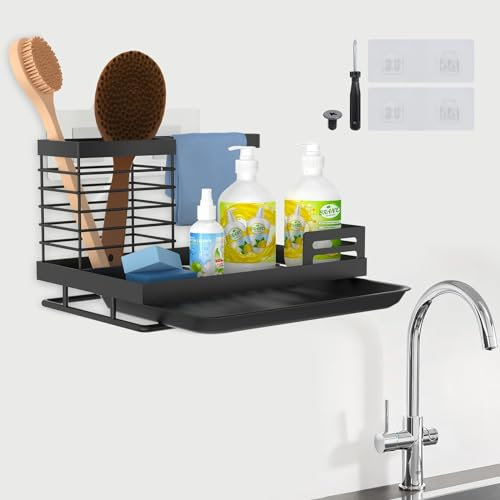 Oneyus Spülbecken Organizer, Spüle Organizer SUS304 Edelstahl Sink Organizer Schwarz Spülorganizer Hängend Schwammhalter Spülbecken mit Ablaufwanne und 2 Klebeflächen für Küche Bad