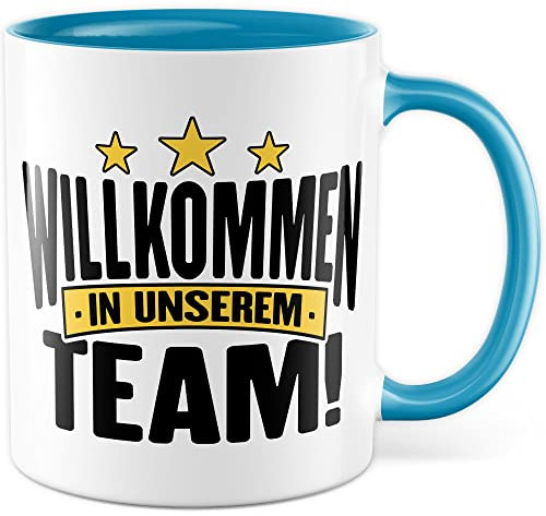 Willkommen Tasse Geschenk Kollegen Geschenkidee Willkommensgeschenk Kaffeetasse Büro neue Kollegen Geschenkidee Willkommen im Team Kaffee-Becher Zuwachs Mitarbeiter (Weiß/Blau)