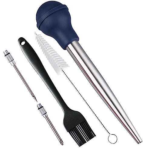 SPUVGVC Turkey Baster, Baster Syringe for Cooking, Stainless Steel Turkey Baster with Silicone Bulb, Baster with Cleaning Brush &BBQ Brush&Marinade Needles, Baster for Home Baking&Kitchen Blue