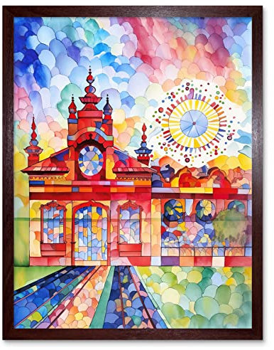 Artery8 Gaudi Inspired Rural Train Station Folk Art Art Print Framed Poster Wall Decor 12x16 inch