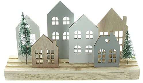 FRANK FLECHTWAREN LED-Board Häuser, schöne Skyline aus Holz & Kunststoff, Maße: 30 x 7 x 17 cm, nostalgisch, vielseitig einsetzbar, zu Weihnachten, als Geschenk, zum Einzug