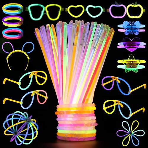 341 pcs Knicklichter Party Set Leuchtstäbe,Knicklichter Kinder,100 Stück Leuchtstäbe 100 Steckverbinder,sowie Brillen und Accessoires in verschiedenen Formen,für Party Deko,Neuem Kreisel