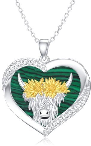 ROMANTICWORK Collier de Vache Highland en Argent Sterling 925 Pendentif Vache Malachite Bijoux de Vache Cadeaux de Vache Highland pour Femmes Filles