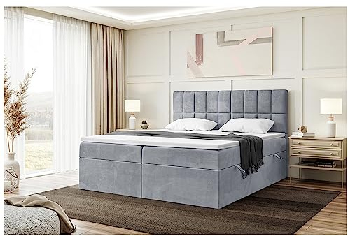 MEBLINI Boxspringbett mit Bettkasten - 140x220 - H3/Grau Samt - Lukas - Gepolstert Doppelbett mit Matratze und Topper - Polsterbett mit Stauraum - Bett mit Kopfteil - Stauraumbett