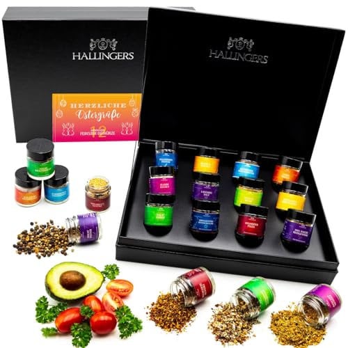 Hallingers Herzliche Ostergrüße - Ostergeschenke für Osterkörbchen zu Ostern, 12 Gewürze Oster Geschenkset handgemacht in Gläsern (Set) - Geschenkideen Weihnachten & Geschenke Adventskalender | Glückw