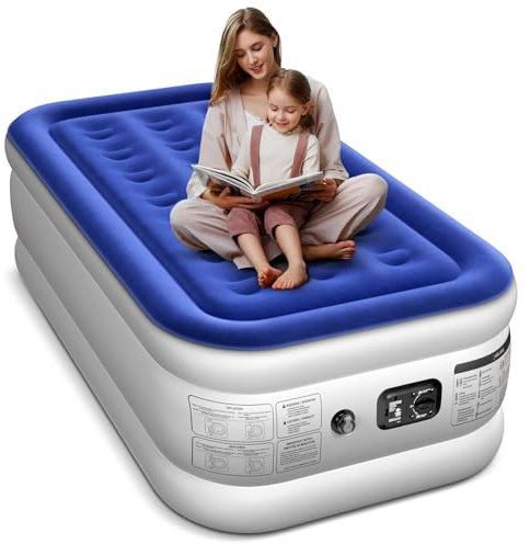 Xsleep Doppel-Luftmatratze, 45,7 cm hoch, Doppel-Luftmatratze, eingebauter Pumpenknopf, automatisches schnelles Aufblasen und Ablassen der Luft in 1-3 Minuten, für alle Innen- und Außenbereiche, Blau
