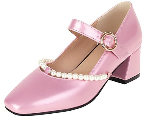 HSyc JRX Scarpe da donna Mary Jane con tacco a blocco, con perline e tacco da 5 cm, per il tempo libero, Colore: rosa., 36 EU