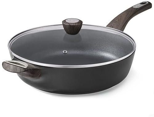 SENSARTE Padella antiaderente con coperchio, padella profonda grande da 34 cm, padella antiaderente da 6 qt con coperchio, padella a induzione, padella sana e atossica con manico di aiuto, senza PFOA