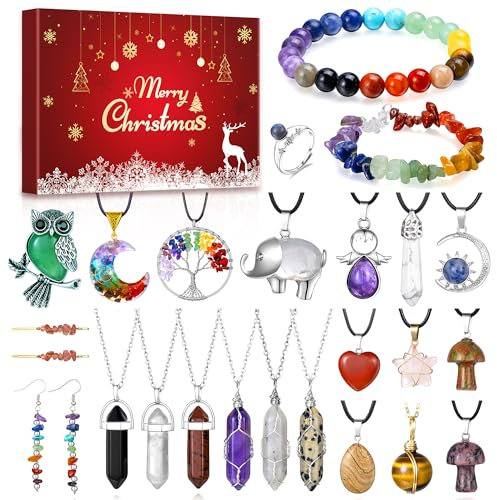 Schmuck Adventskalender 2025 Für Frauen Teenager Mädchen, 24 Stück Natürlicher Edelstein Schmuck Halskette Ring Armband Ohrringe, Geschenk Für Mama Freundin Tochter, Mit Deutscher Anleitung
