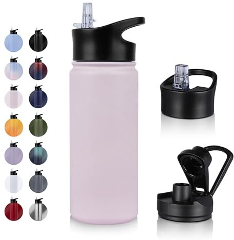 UMBFUN Edelstahl Trinkflasche - 500ml - mit Strohhalm,Auslaufsicher,Kohlensäure Geeignet,BPA frei Thermosflasche(+2 Deckel) Vakuum Doppelwandisolierung für Sport,Reisen,Camping,Schule,Fahrrad,Gym