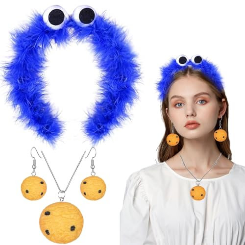 LXWINNER Cookie Monster Haarreif, krümelmonster kostüm Damen Kinder, Keks-Halskette, Cookie Ohrringe, Krümelmonster Kostüm Accessories, Damen Kinder Kostüm Halloween Karneval Fasching Cosplay